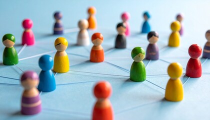 Multicolored Game Pieces Connected by White Strings Around Central Blue Figure on Blue Surface