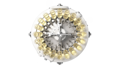 Overhead view of an automated plasma viscometer carousel loaded with multiple sample tubes on a white background highlighting the circular arrangement for efficient batch testing.