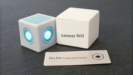 Two white cubes and a card with text about technology and learning