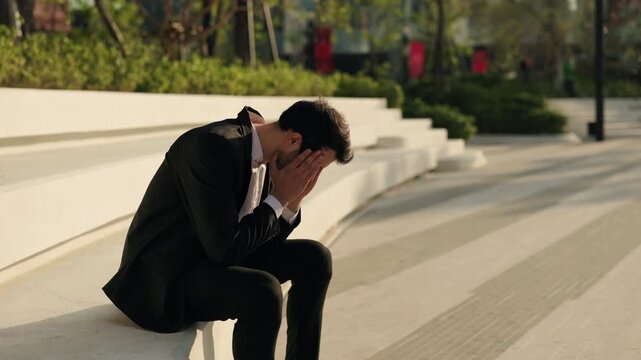 Portrait of young Hispanic businessman drops head on hands as sits on parapet in park. Broken Latin manager lost job and financial security of business crisis in downtown district