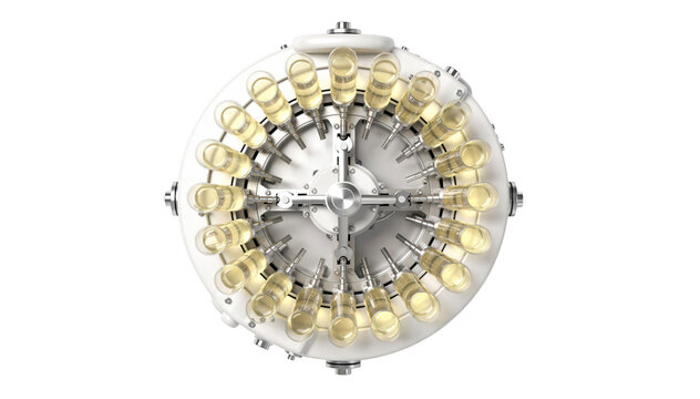 Overhead view of an automated plasma viscometer carousel loaded with multiple sample tubes on a white background highlighting the circular arrangement for efficient batch testing.