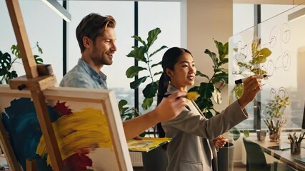 Diverse creative professionals collaborating on new concepts in a modern office, blending artistic expression with strategic brainstorming for innovative solutions