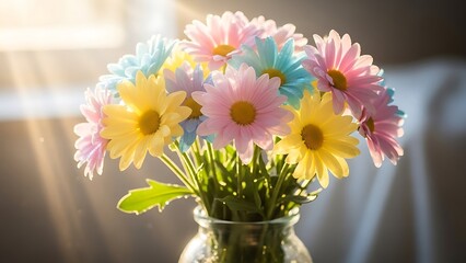 Vibrant Bouquet of Daisies in Glass Vase on Sunlit Table