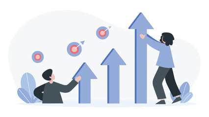 Fototapeta premium Two people pushing large blue arrows upwards together, teamwork and growth concept, modern flat illustration style, success and progress theme