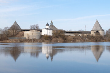 View of the ancient Staraya Ladoga fortress from the Volkhov river on a April morning. Leningrad region, Russia