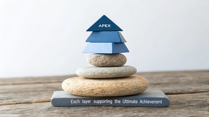 Stacked geometric blocks and balanced stones form a pyramid with the word APEX, representing structured alignment and ultimate achievement.