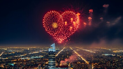 Vibrant Cityscape with Fireworks Display Forming a Heart Shape at Night