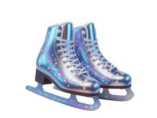 Pair of sparkling ice skates with glitter and stars, isolated on transparent background