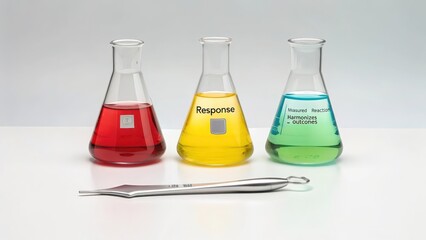Three laboratory flasks filled with colored liquids and a scientific instrument on a white surface