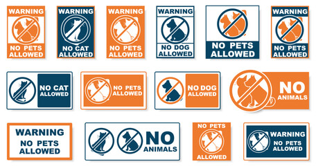 No pets allowed warning sign collection with animal icons. Prohibition labels for indoor and public spaces