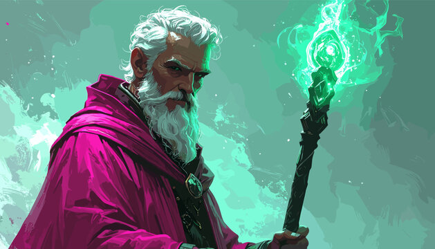 Wizard casting a spell with a glowing staff in a mystical setting.