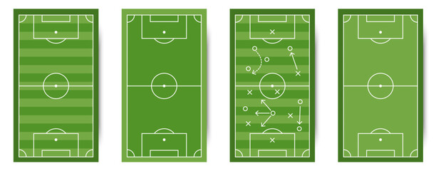 Soccer field layouts with strategy markings. Football pitch diagrams for tactics training and match planning