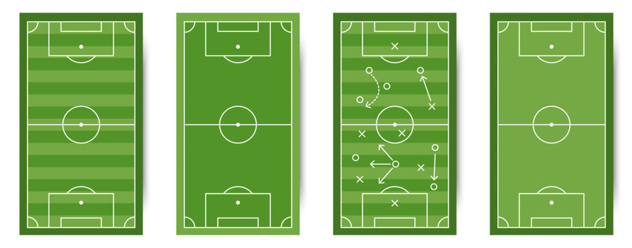 Soccer field layouts with strategy markings. Football pitch diagrams for tactics training and match planning
