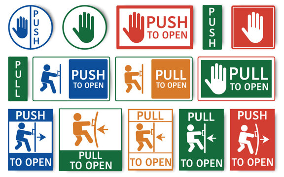 Push and pull door instruction sign set. Informational entrance labels with human pictograms