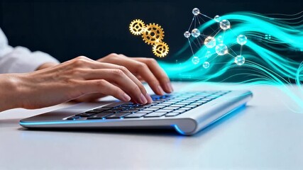 Hands typing on a glowing keyboard with digital graphics - Powered by Adobe