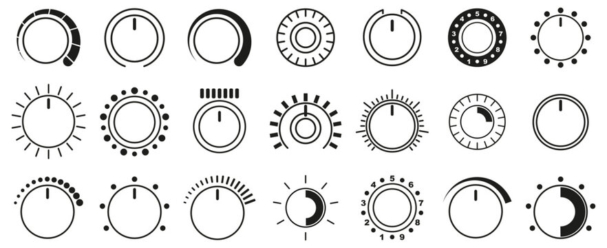 Rotary knob and control dial icon set. Minimal circular regulators in black outline style. Technical vector symbols for interface