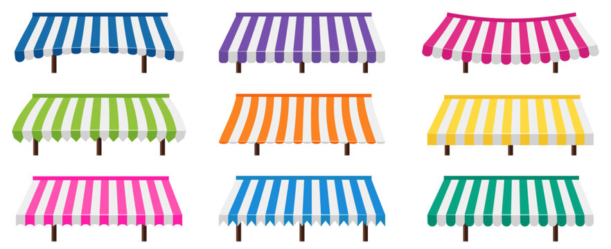 Colorful market awnings set for shop storefronts. Retail canopy elements for store facade and street market