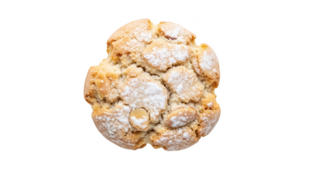 Single almond cookie dusted with powdered sugar on black background dusting sweet