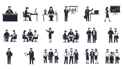 Black Business People Icons Set. Office Meeting Professional Pictograms Vector Collection. isolated PNG with Transparent Background