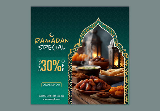 Ramadan Food Promotion, Editable Restaurant Social Media Post Template with Traditional Iftar Meal and 30 Percent Off on Teal Green Islamic Pattern Background.