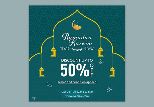 Editable Ramadan Kareem Sale Social Media Post Template with 50 Percent Discount and Festive Elements on Teal Blue Islamic Pattern Background.