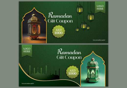 Editable Ramadan Gift Coupon Banner Set with Arabic Lanterns and Mosque Silhouette in Green Design for Sale and Promotional Offers.