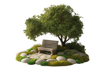 Tranquil Park Seat with Stone Path  white Background 