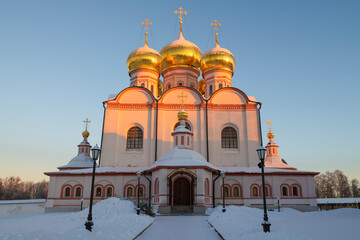 Ancient Cathedral of the Assumption of the Blessed Virgin Mary (Iversky, 1655-1657) on a sunny January evening. Valdai Iversky Monastery. Novgorod region, Russia