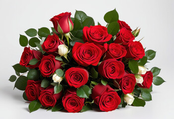 Bouquet of red and white roses on white background, gift bouquet, wedding style