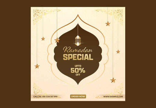 Editable Ramadan Sale Social Media Post Template with Arabic Lantern, Golden Stars Hang and 50 Percent Off on Brown and Beige Islamic Pattern Background.