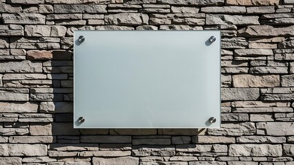 Blank Frosted Glass Signboard on a Rustic Stone Wall.