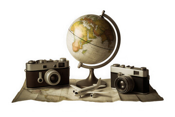 World Travel Theme with Globe and Cameras Isolated white background