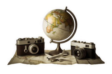 World Travel Theme with Globe and Cameras Isolated white background