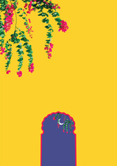 Minimalist Illustration of Traditional Indian Arch with Floral Hanging on Yellow Background