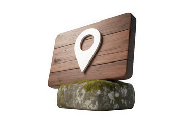 Wooden sign with location pin on stone base isolated on transparent background.