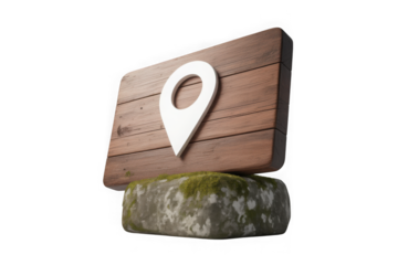 Wooden sign with location pin on stone base isolated on transparent background.