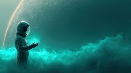 Astronaut in ethereal atmosphere on alien planet, examining glowing object amidst cosmic clouds