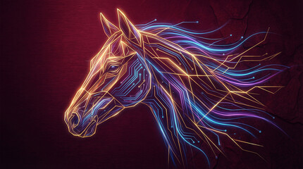 Cybernetic Horse Head with Neon Lights, Futuristic Technology Art