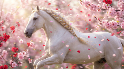 White Unicorn Horse with Cherry Blossoms and Petals, Magical Spring Scene