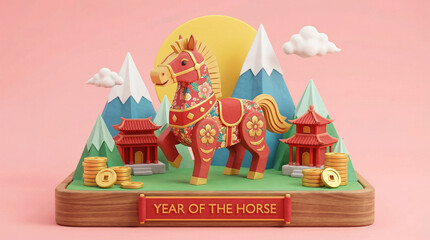 Year of the Horse: Clay Art Scene with Mountains, Pagodas and Coins, Chinese New Year