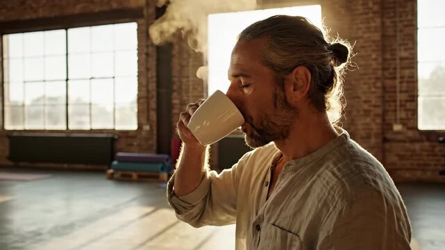 Serene middle-aged man with a man bun enjoys a steamy hot drink in a sunlit yoga studio after a morning workout