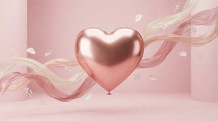 Rose Gold Heart Balloon with Flowing Ribbons and Petals, Romantic Decoration