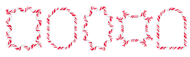 Set of festive frames with a candy cane or striped ribbon design. Christmas holiday borders. Whimsical squiggly candy border