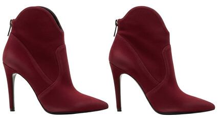 Two red stiletto heeled ankle boots with pointed toes and side zippers on a black background red boot