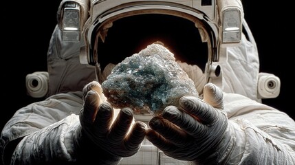 Astronaut in space holding a shimmering mineral specimen, with stars and cosmic dust in the background
