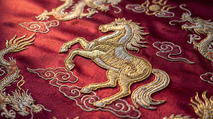 Chinese Embroidery with Golden Horse and Dragons on Red Silk, Traditional Art