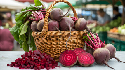 Fresh beets in a wicker basket at a bustling farmers market