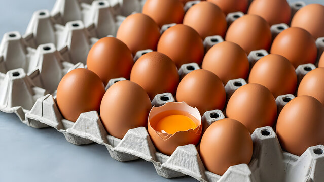 A carton of brown eggs with one broken open revealing a yellow yolk on a gray surface viewed from above