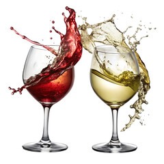 A dynamic splash of red wine and white wine colliding from elegant glasses on