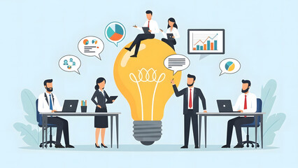 Team brainstorming the Idea: A team of professionals is gathered around a giant lightbulb, symbolizing innovation and collective creativity.